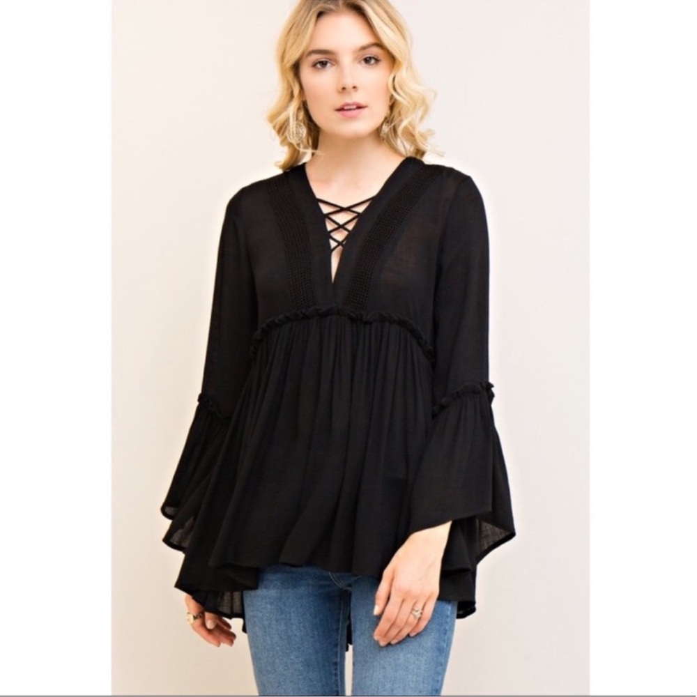 Entro Black Lace-Up Boho Blouse Small NWT